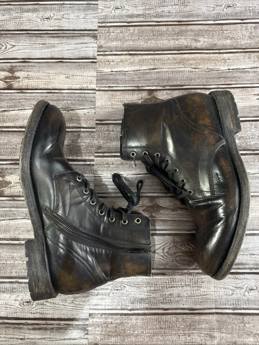 Frye Bowery Lace Up Boots Leather Side Zip Size 10 D Color Brown Black